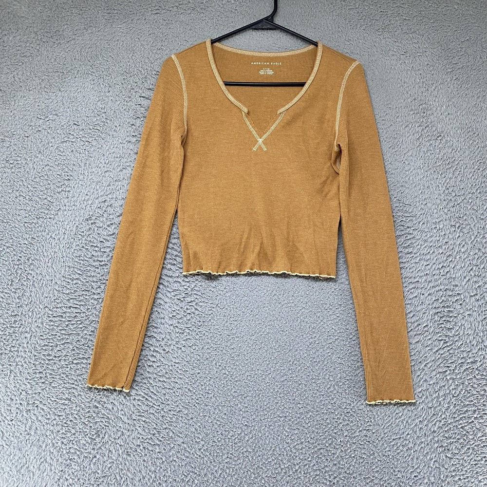 American Eagle Crop Top Womens Small Y2K Ribbed Knit Lettuce Hem Long Sleeve